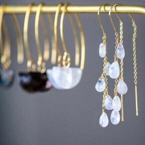 Rainbow Moonstone Threader Earrings Gemstone Dangle Earring Non-tarnish Gold - Picture 7 of 14